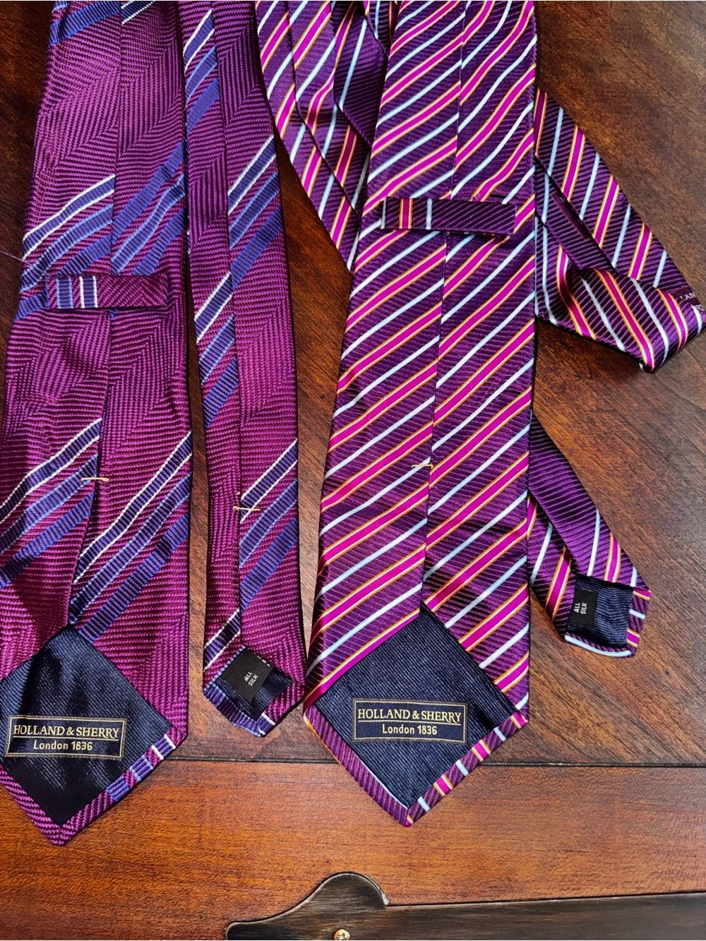 Vtg Holland & Sherry London 1836 all silk purple ties. 3.5” widest point.